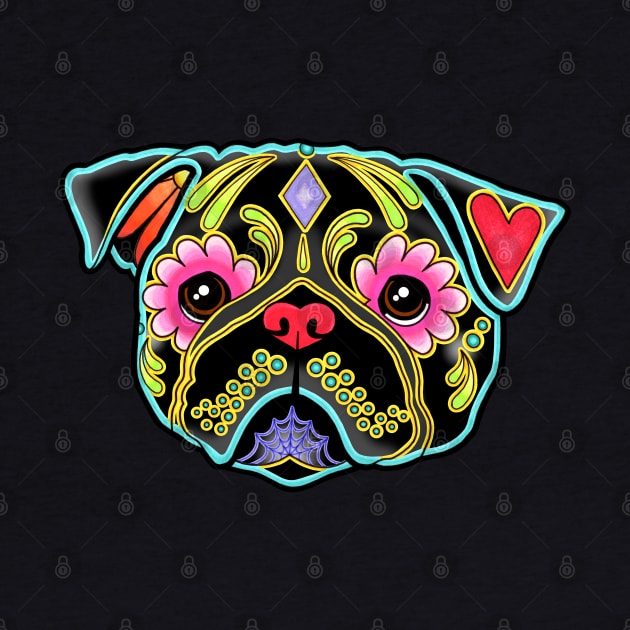 Pug in Black - Day of the Dead Sugar Skull Dog by prettyinink